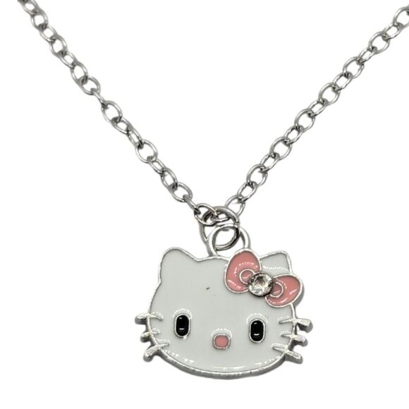 Hello Kitty White Cat Face Necklace Pink Bow Charm Pendant Silver Chain New - Picture 7 of 7